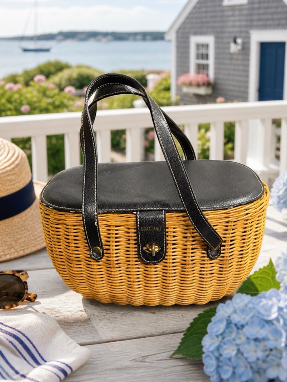 Braciano Black & Natural Wicker Top-Handle Tote leather trim